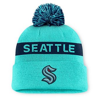 Women's Fanatics Light Blue/Navy Seattle Kraken Authentic Pro Rink Cuffed Knit Hat with Pom