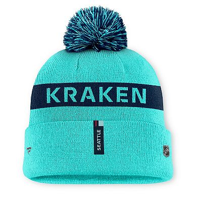 Women's Fanatics Light Blue/Navy Seattle Kraken Authentic Pro Rink Cuffed Knit Hat with Pom