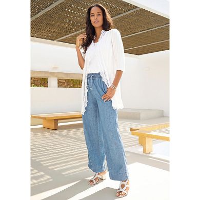 Roaman's Women's Plus Size Pull On Wide Leg Chambray Pant