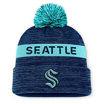 Men's Fanatics Deep Sea Blue/Light Blue Seattle Kraken Authentic Pro Rink Cuffed Knit Hat with Pom