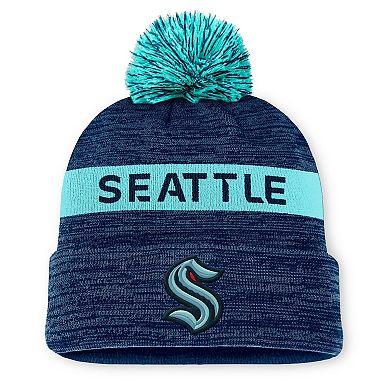 Men's Fanatics Deep Sea Blue/Light Blue Seattle Kraken Authentic Pro Rink Cuffed Knit Hat with Pom