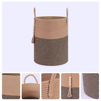 Woven Storage Bin with Handle and Tassel Beads, Storage Basket Organizer Bin for Blankets