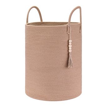 Woven Storage Bin with Handle and Tassel Beads, Storage Basket Organizer Bin for Blankets