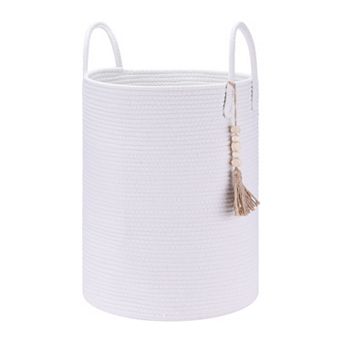 Woven Storage Bin with Handle and Tassel Beads, Storage Basket Organizer Bin for Blankets