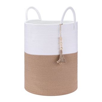 Woven Storage Bin with Handle and Tassel Beads, Storage Basket Organizer Bin for Blankets