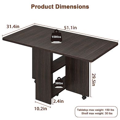 Dining Folding Dinning Table, 51.1" D X 31.4" W X 29.5" H, Dark Walnut