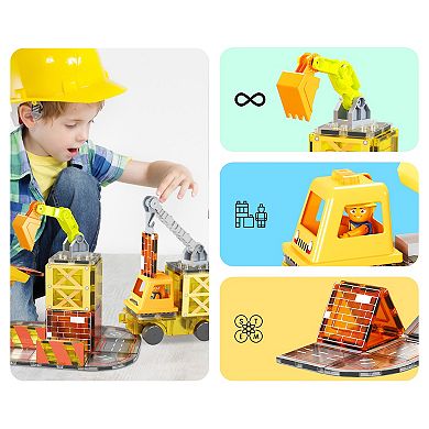 PicassoTiles 50 PC 5-in-1 Magnet Tile Construction Site Themed Magnetic Building Blocks Toy Set
