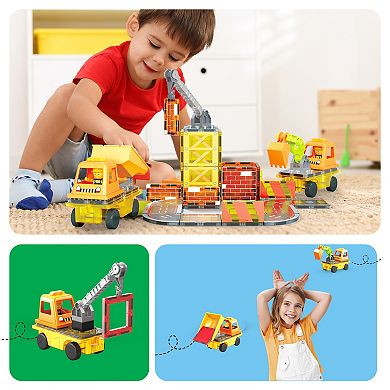 PicassoTiles 50 PC 5-in-1 Magnet Tile Construction Site Themed Magnetic Building Blocks Toy Set
