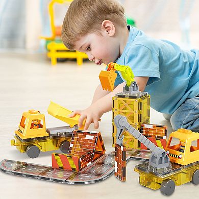 PicassoTiles 50 PC 5-in-1 Magnet Tile Construction Site Themed Magnetic Building Blocks Toy Set