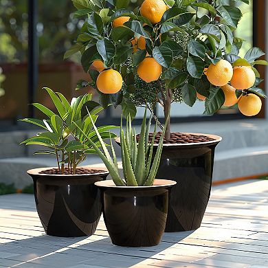 LuxenHome 3-Piece Ebony Black Round Plastic Planter Set