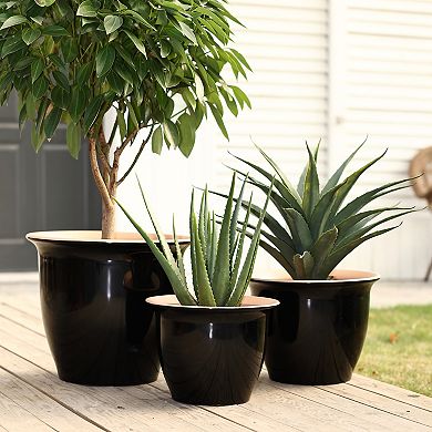 LuxenHome 3-Piece Ebony Black Round Plastic Planter Set