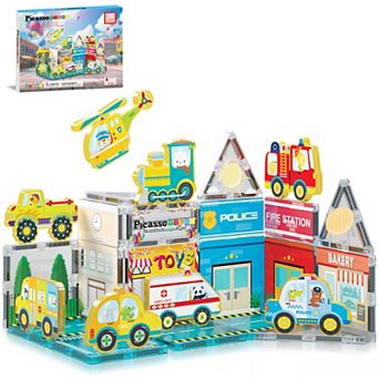 PicassoTiles 26 pc City & Cars, STEM Toy Magnetic Tile, Building Block for Kid Age 3 & Up, PTQ24