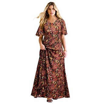 Roaman's Women's Plus Size Petite Plus Size Hand Crinkled Flutter-Sleeve Maxi Dress