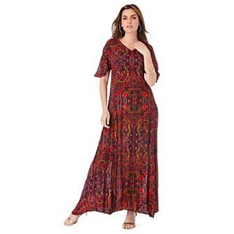 Roaman's Women's Plus Size Petite Plus Size Hand Crinkled Flutter-Sleeve Maxi Dress