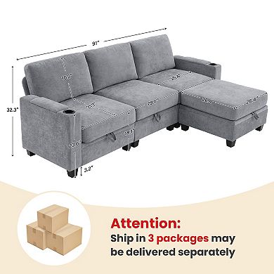 Serwall Chenille Sectional Storage Sofa - 3 Seats with a Removable Ottoman
