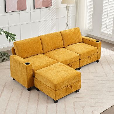 Serwall Chenille Sectional Storage Sofa - 3 Seats with a Removable Ottoman