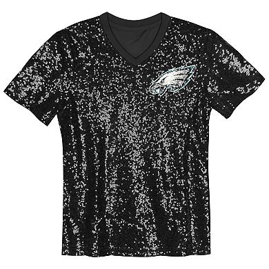 Girls Youth Black Philadelphia Eagles Wordmark Sequin V-Neck Top