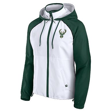 Women's Fanatics White/Hunter Green Milwaukee Bucks Anorak Raglan Full-Zip Hoodie Jacket