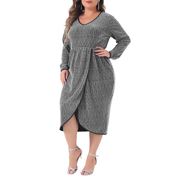 Agnes Orinda Women's Plus Size Sequin Sparkly Glitter Long Sleeve V Neck High Slit Party Cocktail Midi A Line Dresses Silver 1X