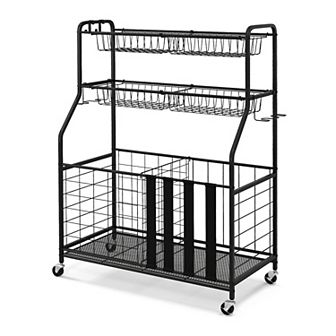 Garage Sports Equipment Organizer With Hooks & Baskets For Basketball