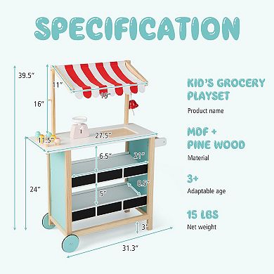 Kids Wooden Ice Cream Cart with Chalkboard and Storage