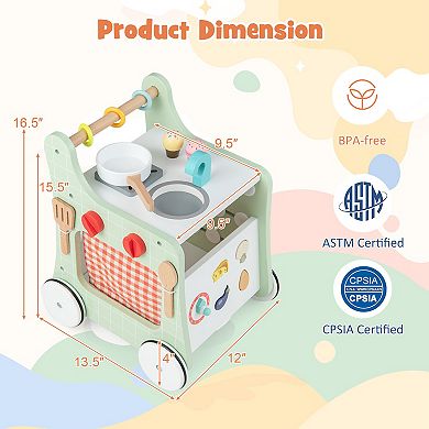 6-in-1 Wooden Baby Stroller with Play Kitchen for Kids Over 12 Months