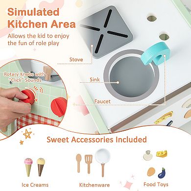 6-in-1 Wooden Baby Stroller with Play Kitchen for Kids Over 12 Months