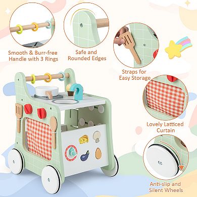 6-in-1 Wooden Baby Stroller with Play Kitchen for Kids Over 12 Months