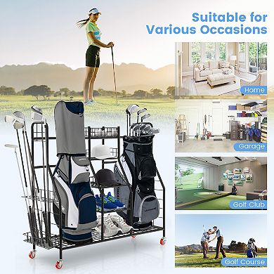 Double Golf Bag Rack with Removable Golf Club Stand and Wheels