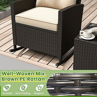 Patio Rattan Roker Chairs With Tempered Glass Table And Soft Cushions