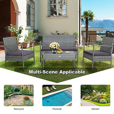 4 Pieces Outdoor Rattan Conversation Set With Comfortable Cushion