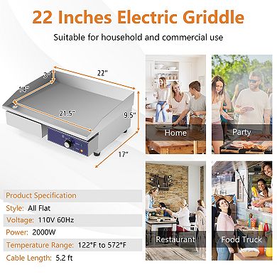 Commercial Electric Griddle with 122℉-572℉ Adjustable Temperature Control