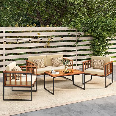 4 Pieces Acacia Wood Outdoor Sofa Set