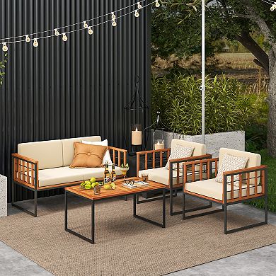 4 Pieces Acacia Wood Outdoor Sofa Set