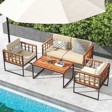 4 Pieces Acacia Wood Outdoor Sofa Set