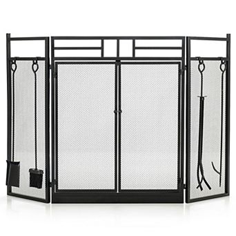 Folding Fireplace Screen with Doors and 4 pc Tool Set