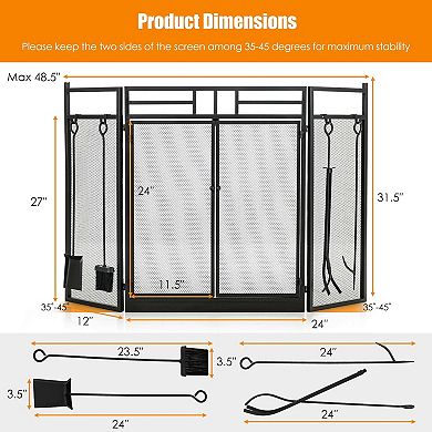 Folding Fireplace Screen with Doors and 4 Piece Tool Set