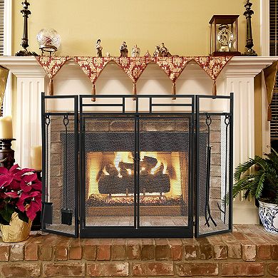 Folding Fireplace Screen with Doors and 4 Piece Tool Set