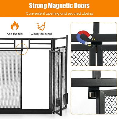 Folding Fireplace Screen with Doors and 4 Piece Tool Set