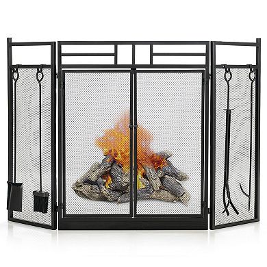 Folding Fireplace Screen with Doors and 4 Piece Tool Set