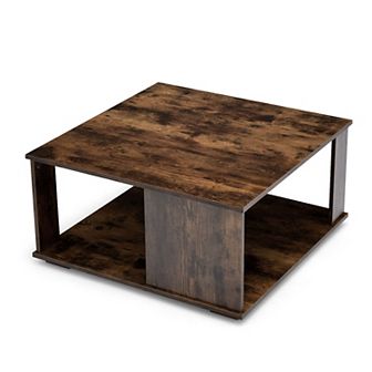 2 tier Square Coffee Table With Storage And Non-slip Foot Pads-rustic Brown