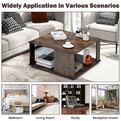 2 Tiers Square Coffee Table With Storage And Non-slip Foot Pads-rustic Brown