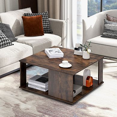 2 Tiers Square Coffee Table With Storage And Non-slip Foot Pads-rustic Brown