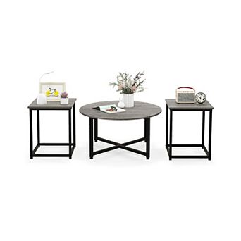 3 pc Coffee Table Set Round Coffee Table And 2 pc Square End Tables-gray