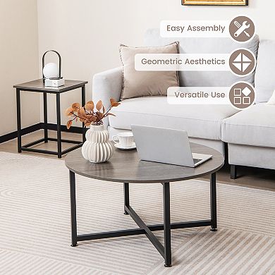 3-piece Coffee Table Set Round Coffee Table And 2pcs Square End Tables-gray