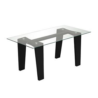 39.5 Inch Glass Coffee Table Modern Rectangular Center Table With Solid Rubber Wood Legs-black