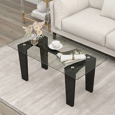 39.5 Inch Glass Coffee Table Modern Rectangular Center Table With Solid Rubber Wood Legs-black
