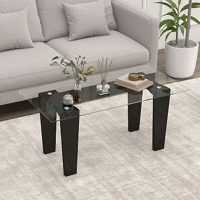 39.5 Inch Glass Coffee Table Modern Rectangular Center Table With Solid Rubber Wood Legs-black