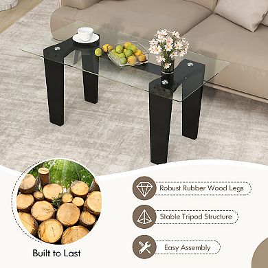 39.5 Inch Glass Coffee Table Modern Rectangular Center Table With Solid Rubber Wood Legs-black