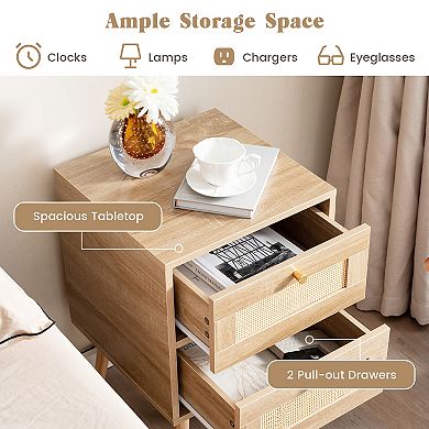 Rattan Nightstand Boho Accent Bedside Table with 2 Storage Drawers